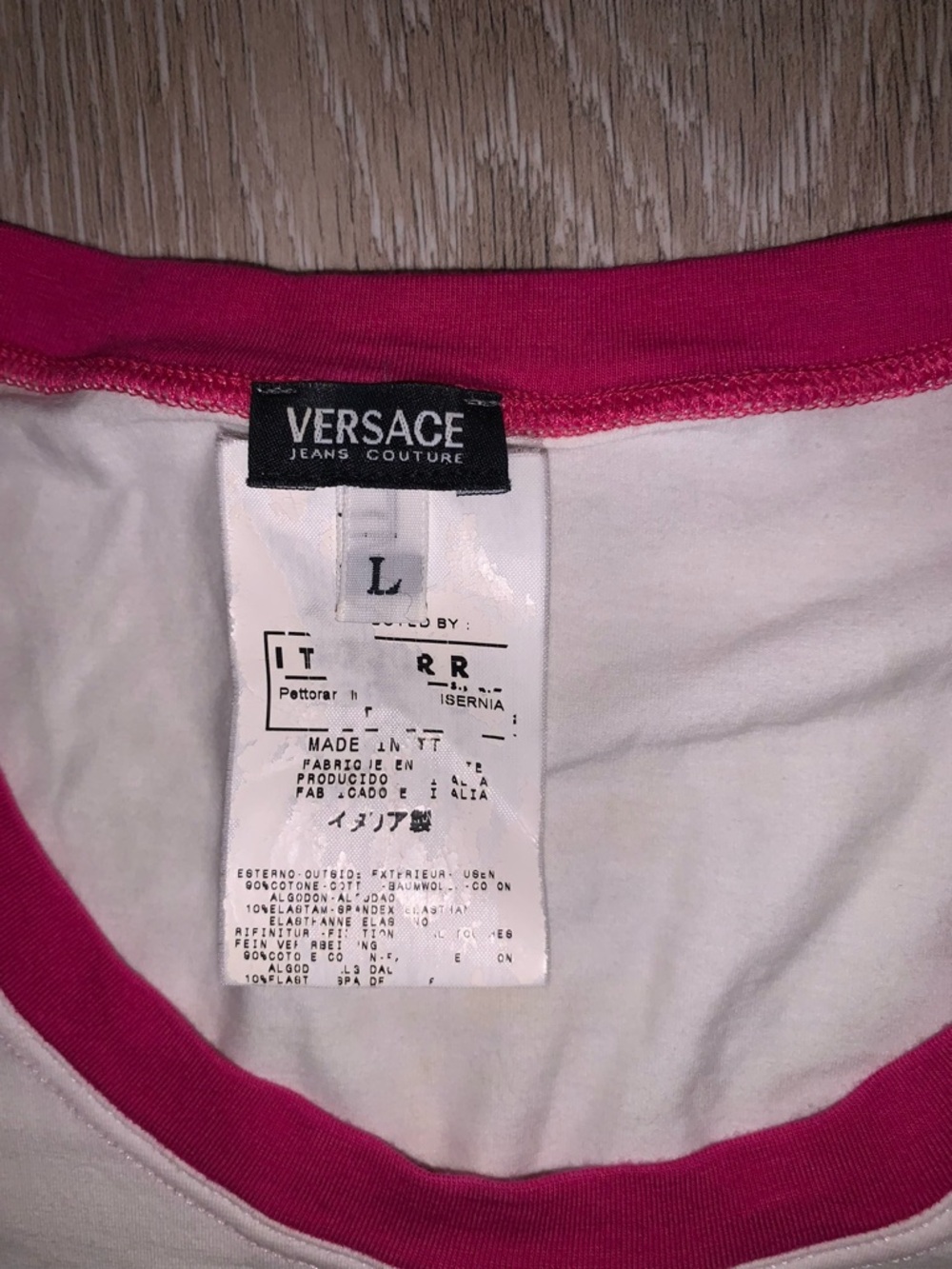 Versace Jeans Couture White Tee with Pink Floral Sleeves Size: Large - Picture 2 of 4